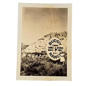 Vtg B&W 1940s Photo Found Lady Posing in Front of Huge Buddy Ranch Sign Snapshot